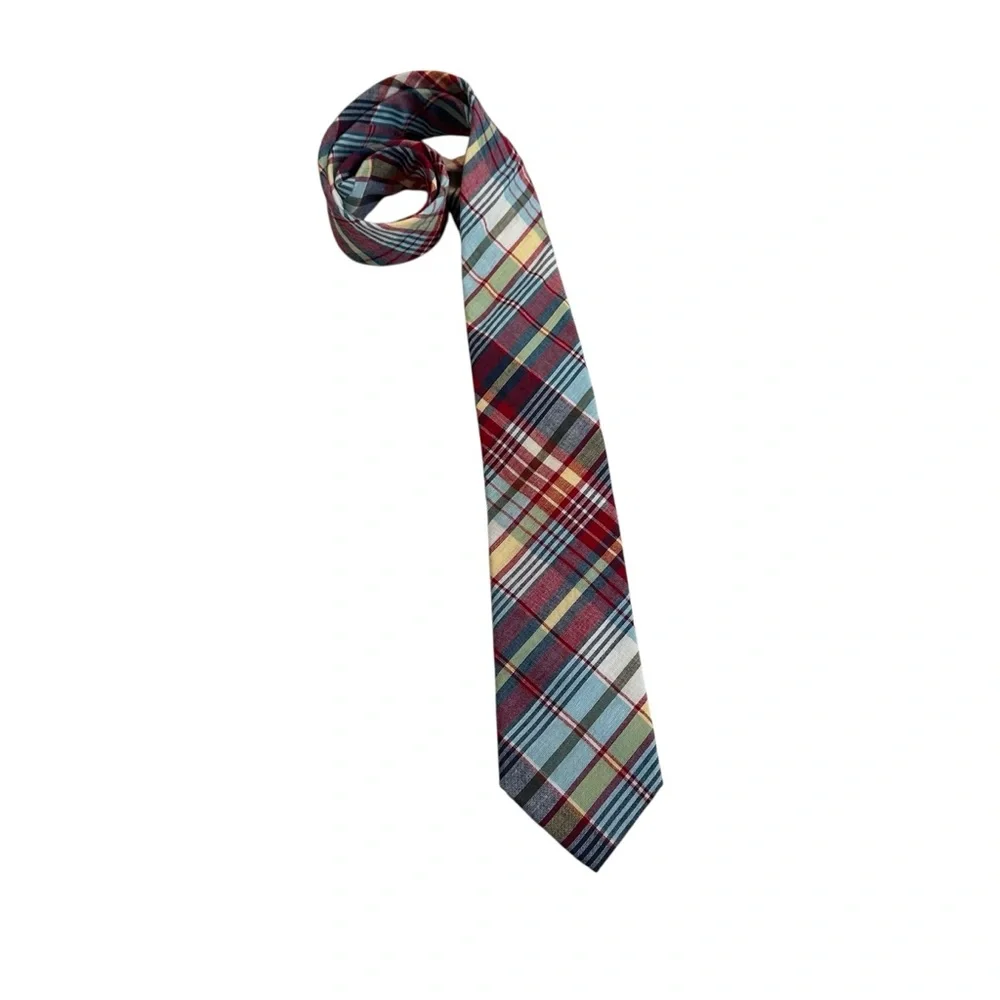 Vintage Tommy Hilfiger Plaid Madras Tie Summer Fall Tie Red Blue Yellow Preppy